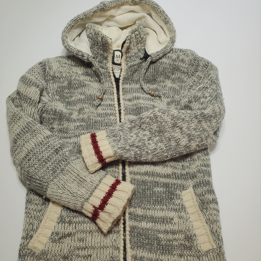 Nouveau  Ladies Gray Knit Sweater Zippered Removable Hood Size Medium Wool